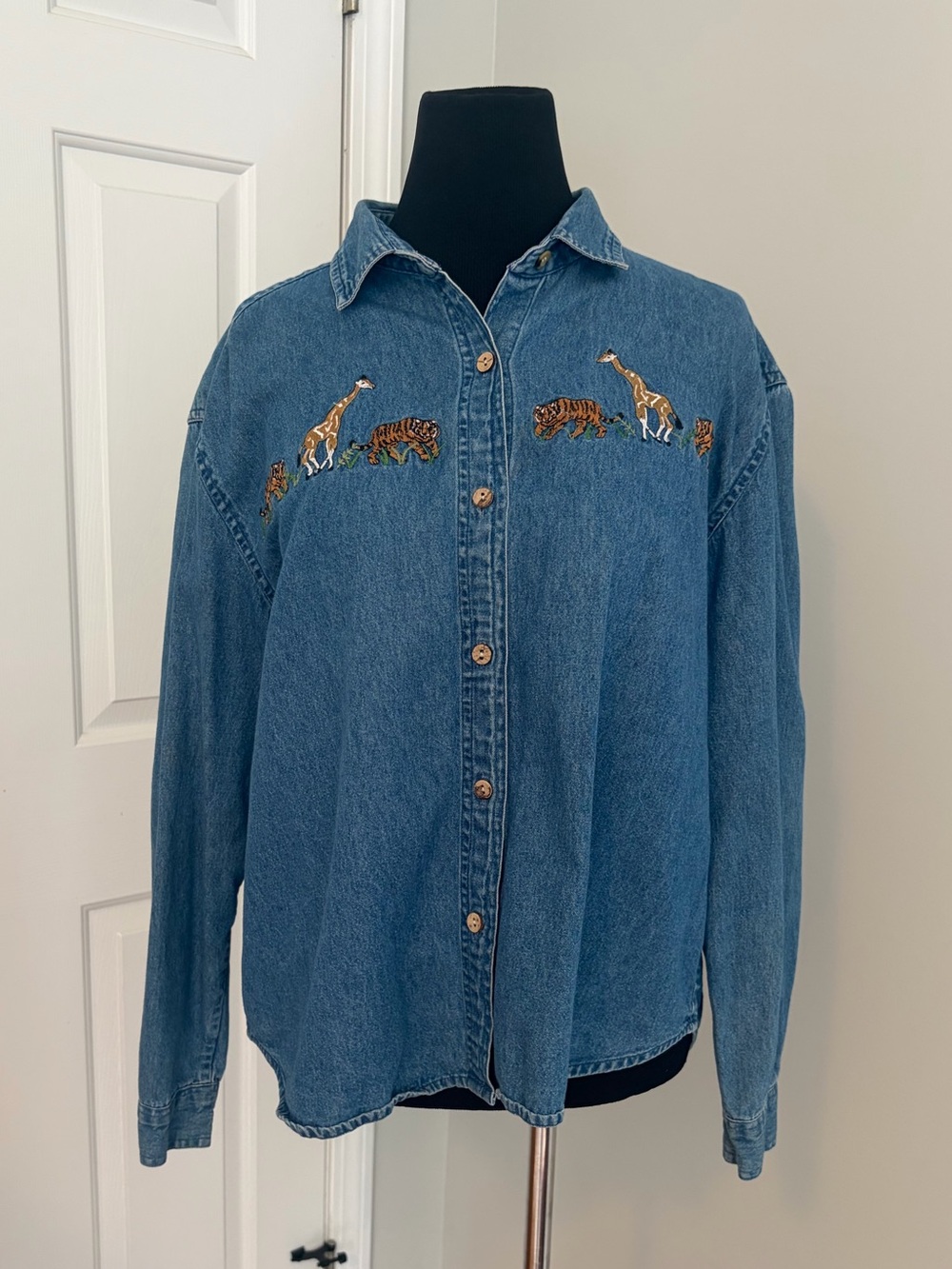 Willow Ridge Blue Denim Button Down Shirt with Embroidered Animal Print